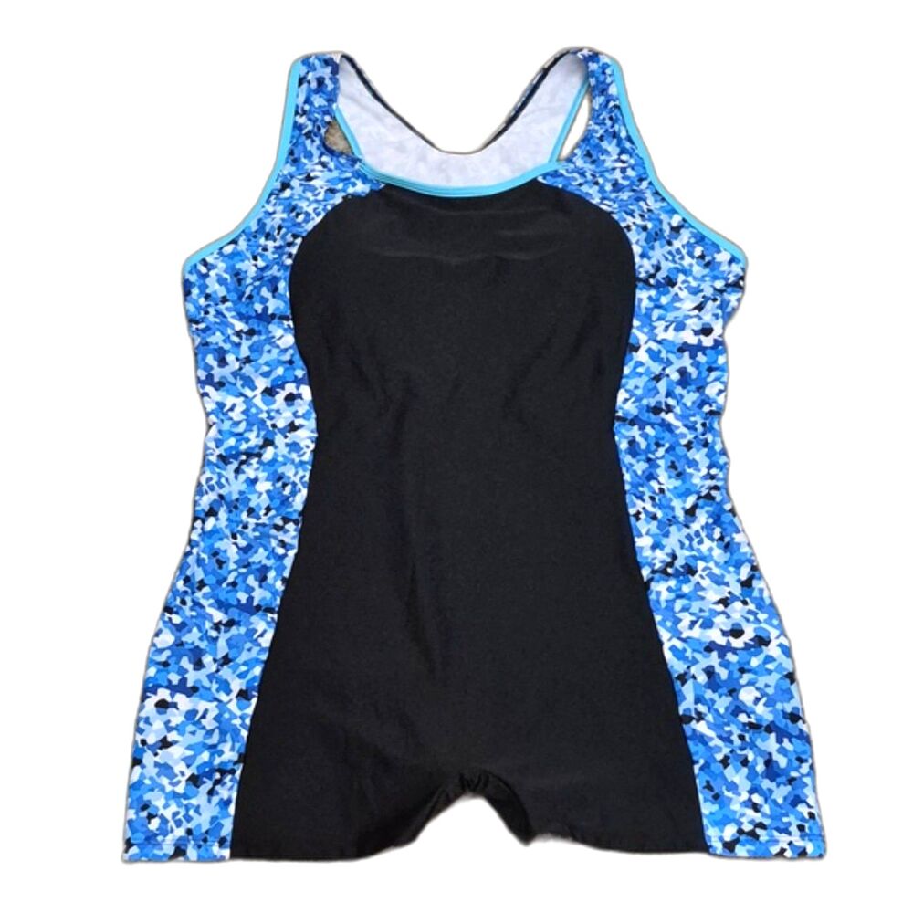 Hanna Nikole Swimsuit 24 W Blue Colorblock Boyleg Racerback One Piece Plus NWOT